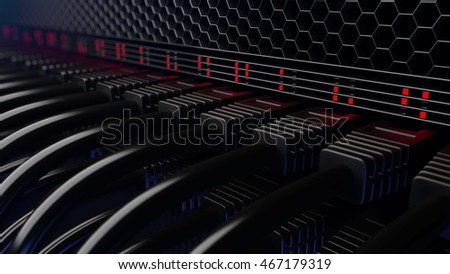 Rows of server wires, flashing lamps and connectors. CGI