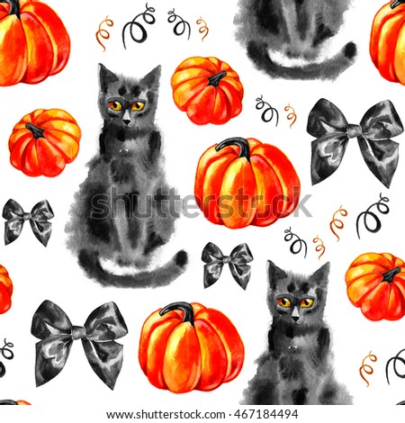 Halloween seamless pattern. Hand drawing. Pumpkins, cat, bows.