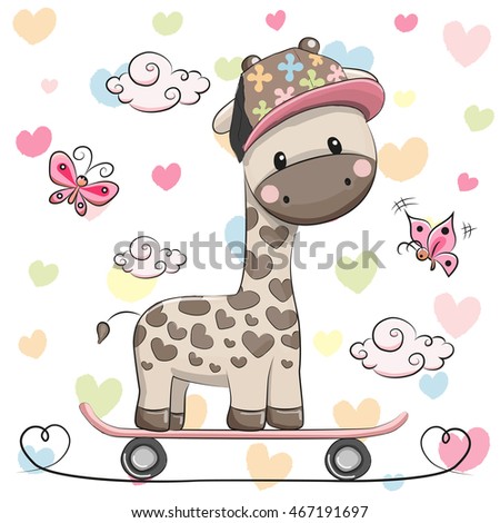 Cute Giraffe wiht a cap on a skateboard and butterflies
