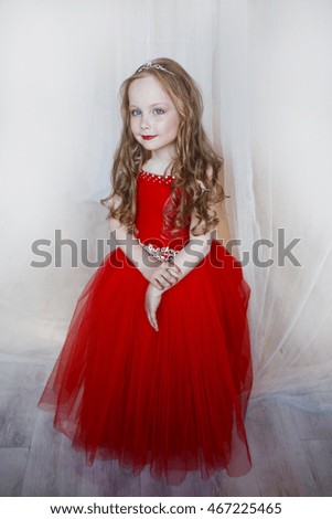 Portrait of a little beautiful girl on the background in the red dress