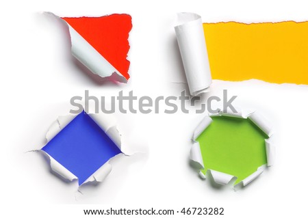 Assortment of ripped white paper against a colorful backgrounds Royalty-Free Stock Photo #46723282