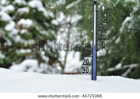 Thermometer in the snow, against a background of green conifers.