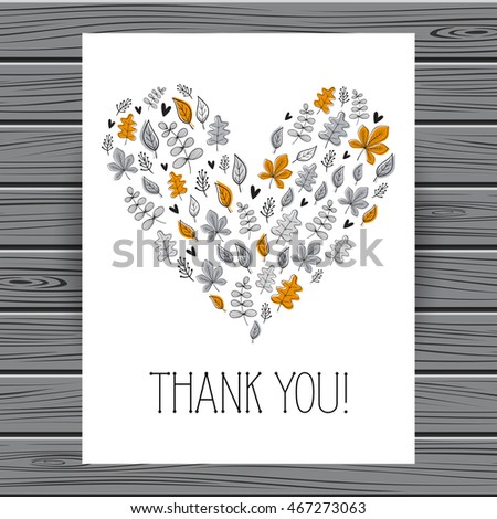 Hand drawn thank you card template. Illustration of leaves arrangements in shape of a heart. Vector.