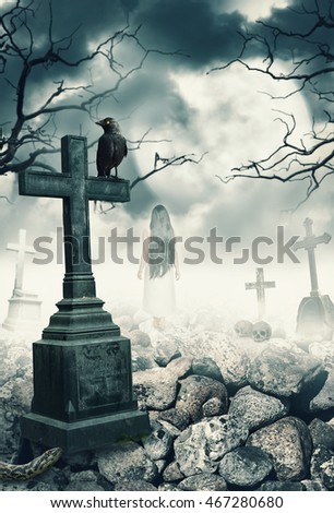 Halloween mystical spooky background with raven and cross on graveyard