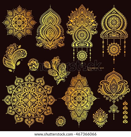 Vector set of Indian floral paisley ornaments. Persian Ethnic Mandala lotus icon. Henna tattoo style banners could be used as greeting card, business card, phone case print, shirt print, coloring book