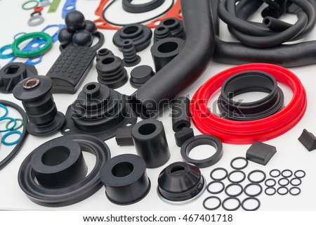 Various rubber products and sealing products at the exhibition stand. Industry Royalty-Free Stock Photo #467401718