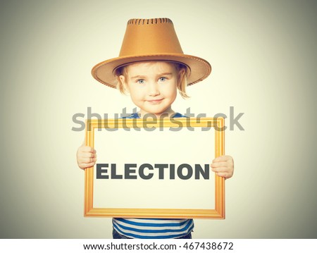 Little Funny girl in striped shirt with blackboard. Text ELECTION.  Isolated on white background.