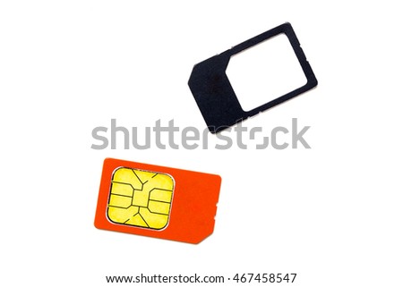 red sim card on white background. Technology of telephone 