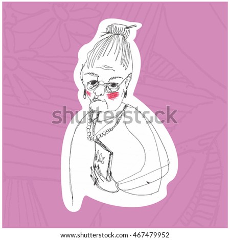 hand drawn portrait of grandmother freehand illustration sticker isolated 