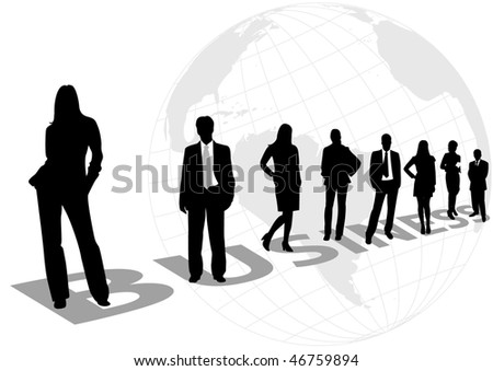 Illustration of business men and women, with world map as background