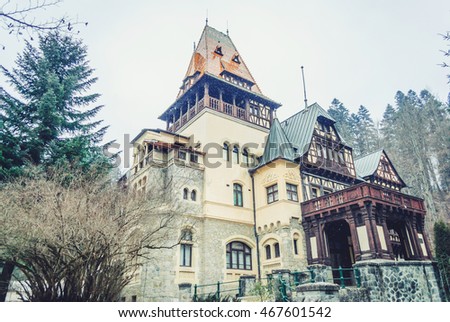 Pelisor castle, Sinaia, Romania. Filter photos with blue tones