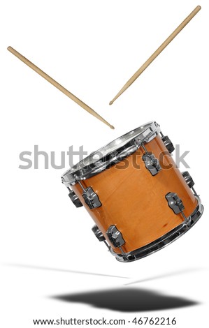 close up of side view of a snare drum floating with drum sticks isolated over white Royalty-Free Stock Photo #46762216