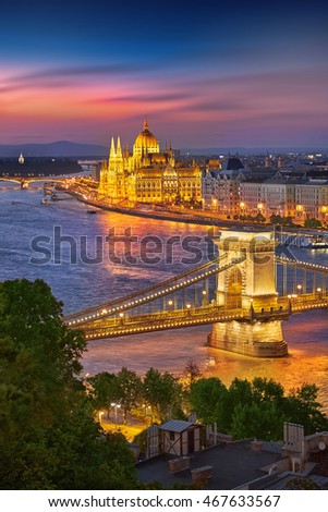 Budapest Hungary, Sunset Panorama of Budapest, Hungary, with the Chain Bridge and the Parliament.