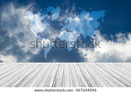 Nature cloudscape with blue sky and white cloud with Wood terrace and world map (Outline elements of world map image from NASA public domain)
