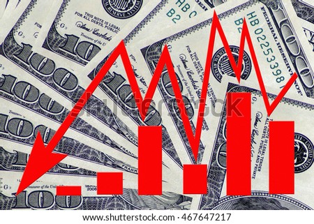 The red arrow icon on a background of money . The concept of changing prices on the market