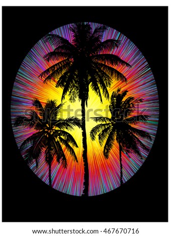 Stylized Tropical sunset with rays of the setting sun and black silhouettes of palm trees on a black background.