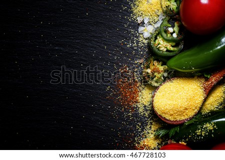 Selection of Mexican food, black background, top view