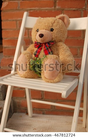 teddy bear is sitting on wooden chair
