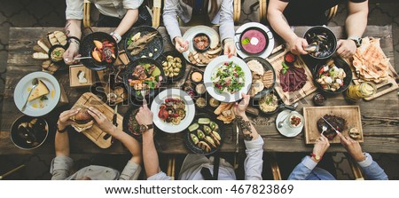 table with food, top view Royalty-Free Stock Photo #467823869
