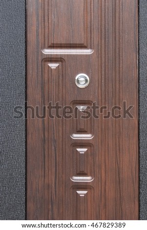 Metal entrance door part: Texture of a metal surface and door peephole