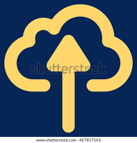 Cloud Upload vector icon. Style is outline flat icon symbol, yellow color, blue background.