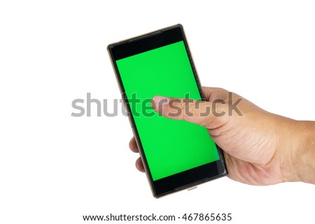 smartphone on hand with film mirror crack on green screen