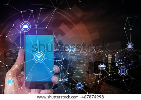 smart phone and smart city, wireless communication network, IoT(internet of things), CPS(Cyber-Physical Systems), ICT(Information Communication Technology), abstract image visual