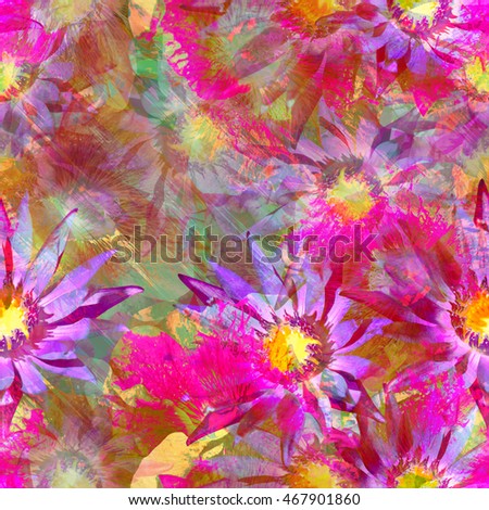 Floral seamless pattern flowers background. Realistic photo collage - clip art. Pink Mallow flower and lotus