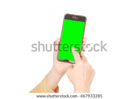  Man hand touching the Green background lcd . handle ID phone on white background.