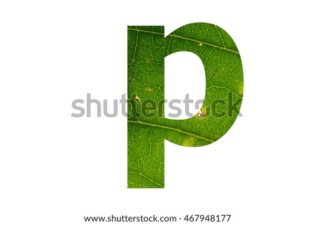 The letter "p" with green leaf surface texture inside