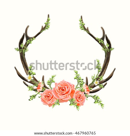 Beautiful vector horns with flowers. Hand drawn boho chic style design elements with deer antler, roses, branches, leaves and various flowers isolated on white background