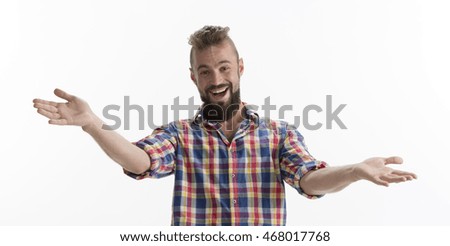 Happy young casual man welcoming you, isolated on white background