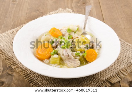 home made cock a leekie soup is a scottish specialty with carrot and parsley Royalty-Free Stock Photo #468019511