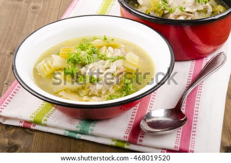 cock a leekie soup is a Scottish soup dish consisting of leeks and peppered chicken stock Royalty-Free Stock Photo #468019520
