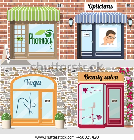 Set of health and beauty shops. Beauty salon, yoga, pharmacy, opticians shop facade. Vector illustration EPS10.