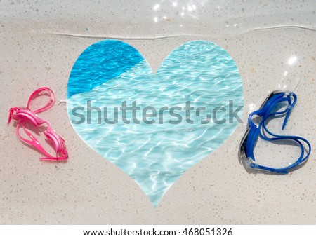 Poster or sign for water spots and swimming to announce events connected  to summer vacations and fun outdoor Leisure Activity, heart shape copy space  and room for text 