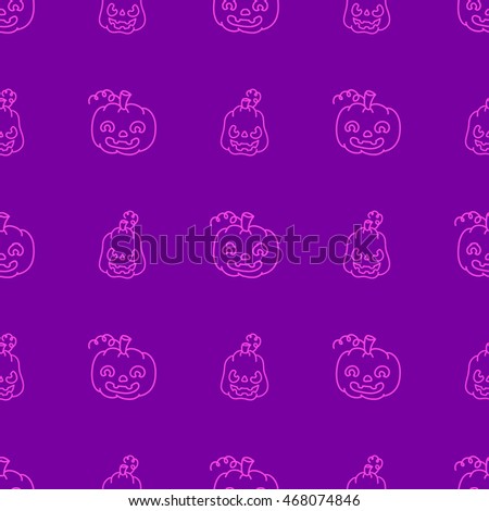 Pattern with pumpkins for Halloween in style of doodle on purple background.