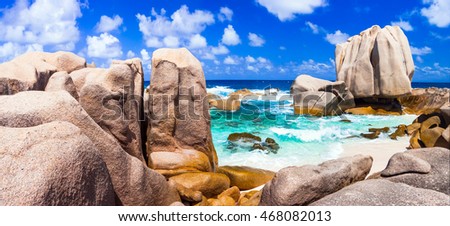 Anse Marron - impressive rocky wild beach in La digue island, Seychelles
