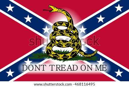 Vector Gadsden flag depicting a rattlesnake coiled in the grass and the inscription Don't Tread On Me Confederate flag in the background
