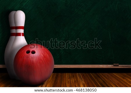 Bowling ball and pins on a background chalk board with copy space.