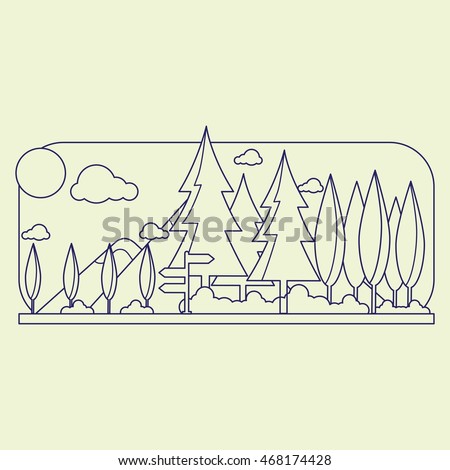 Outline mountain and forest landscape with line art illustration.