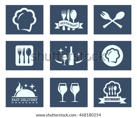set of isolated blue restaurant food icons