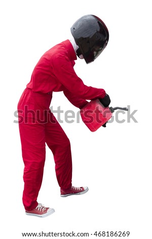Technician refill fuel and maintaining service for a racing car in pit stop during competition event isolated on white background with clipping path