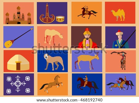 Kazakh ethnic theme vector icons set