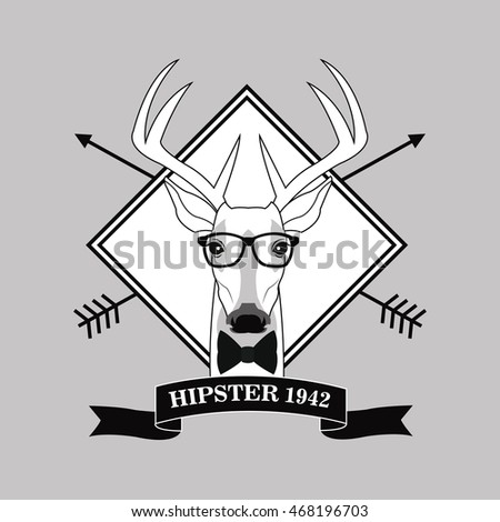 reindeer deer glasses frame arrow animal hipster style retro fashion icon.  Black white grey illustration