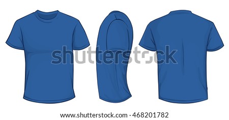 Vector illustration of blank blue men t-shirt template, front, side and back design isolated on white