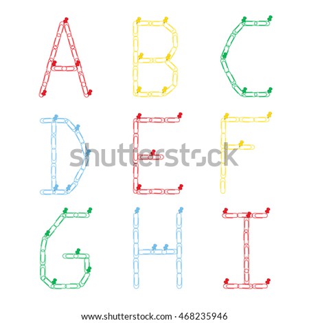 Alphabet from colored paper clips on a pushpin. The letters A, B, C, D, E, F, G. H, I. Vector illustration.