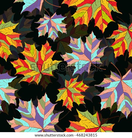 Abstract leaves, seamless pattern, vector background. Multi-colored maple leaves on a black background For the design of wallpaper, fabric, decoration material