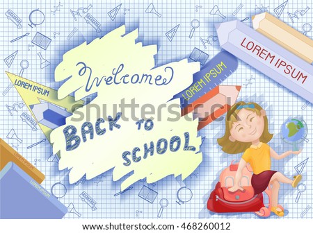 Cute cartoon schoolgirl with backpack and globe. Back to school concept, banner, poster. Vector illustration