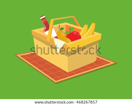 Picnic basket with food flat style. Cartoon colorful raster illustration